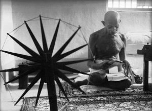 Caption from LIFE. "At 76, the Mahatma is in good physical condition. He weighs 110 pounds, but he is not so frail as he looks."