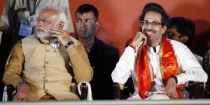 MUMBAI, INDIA - APRIL 21: BJP prime ministerial candidate Narendra Modi (L) with Shiv Sena party chief Uddhav Thackeray during an election rally at MMRDA ground, BKC on April 21, 2014 in Mumbai, India. The main opposition parties of Maharashtra i.e Sena-BJP-RPI have cobbled out grand alliance or Maha-Yuti against ruling Congress-NCP. (Photo by Kunal Patil/Hindustan Times via Getty Images)