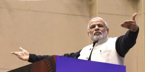 NEW DELHI, INDIA - JANUARY 16: Prime Minister Narendra Modi addressing the gathering at the launch of Start-Up India at Vigyan Bhavan on January 16, 2016 in New Delhi, India. Indian Prime Minister launched a number of initiatives on Saturday to support the countrys start-ups, including a 100 billion rupee ($1.5 billion) fund and a string of tax breaks for both the companies and their investors. (Photo by Mohd Zakir/Hindustan Times via Getty Images)