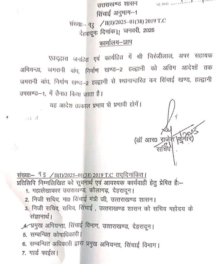 उत्तराखंड में सिंचाई विभाग में फर्जी हस्ताक्षर से इंजीनियरों के तबादले का  मामला, सचिव ने की कार्रवाई… | Vision2020 News